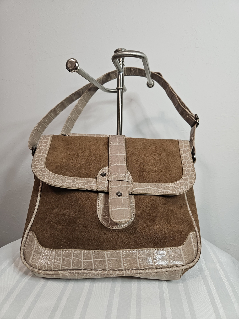 Brown Suede Shoulder Bag with Croc-Trim Detail